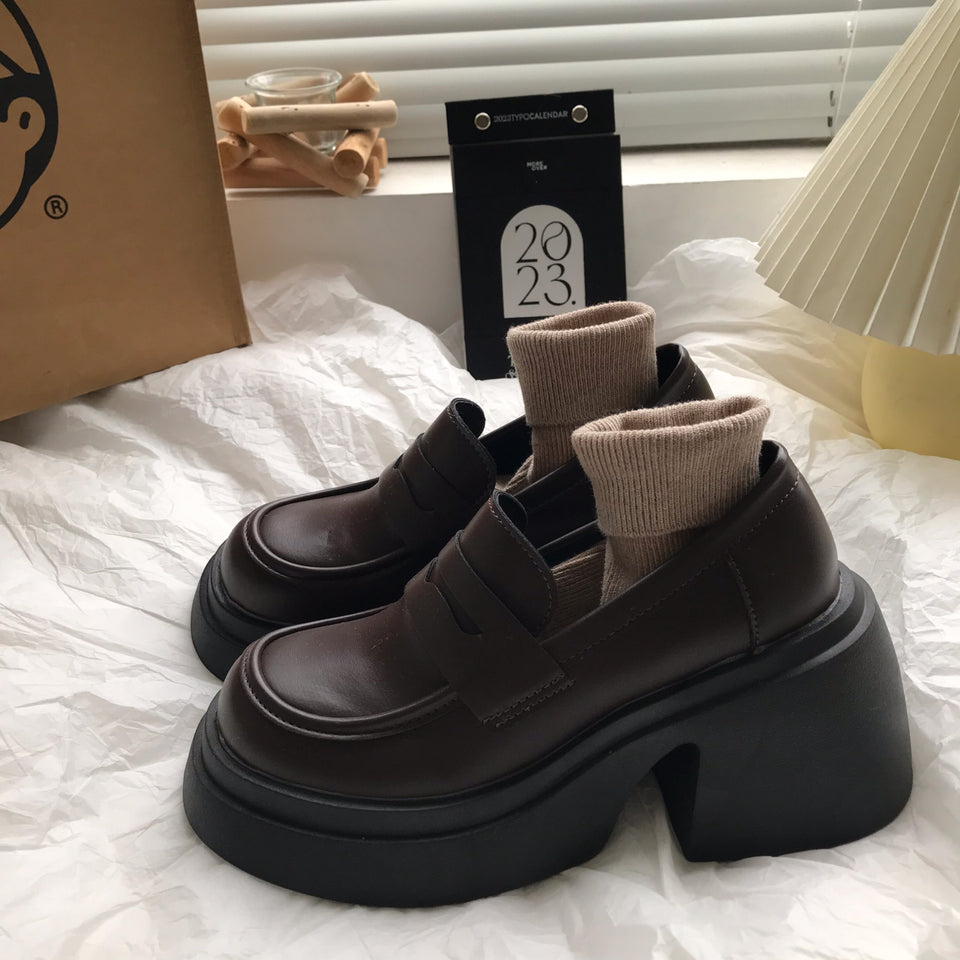 Thick High Heels And Lace Up Small Leather Shoes